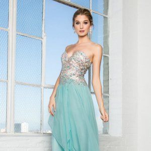 NEW LONG SLEEVELESS A-LINE CHIFFON DRESS EMBROIDERED WITH RHINESTONES GL2092